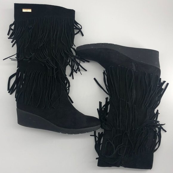 KENNETH COLE Reaction Black Fringe Wedge Boots 5 - Picture 7 of 7